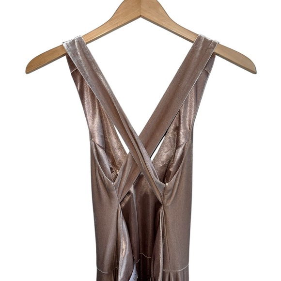 REVELRY Asher Velvet Dress in Champagne | Bridesmaid | Cross Straps Front Slit 4 - Picture 6 of 11